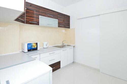 biała kuchnia ze zlewem i kuchenką mikrofalową w obiekcie Center Warsaw- Apartamenty Smolna w Warszawie