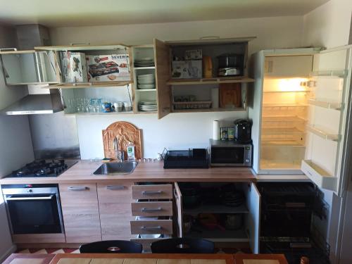 une cuisine avec un évier et un réfrigérateur dans l'établissement Maison 5 Pers proche Disney, à La Houssaye-en-Brie