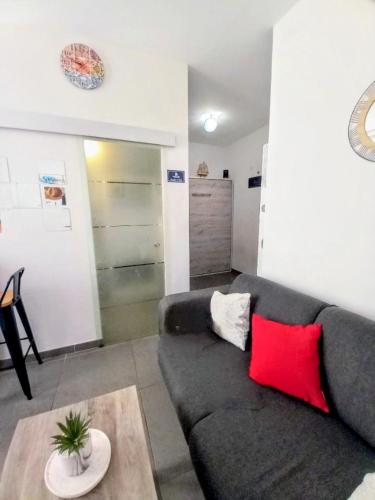 - un salon avec un canapé gris et des oreillers rouges dans l'établissement Studio coin nuit, Entre plage et centre, à Marseille
