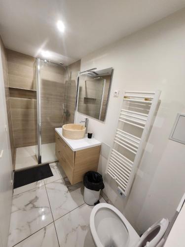 une salle de bain avec toilettes, lavabo et douche dans l'établissement Chambre lumineuse à 5 min d'Orly, à Athis-Mons
