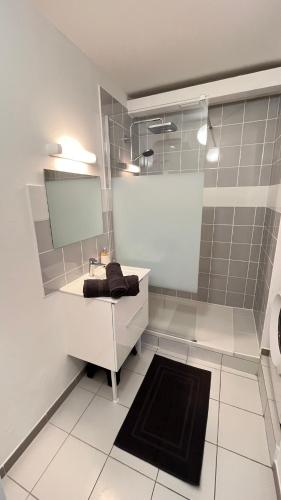 une salle de bain avec un lavabo et une douche avec un miroir dans l'établissement Choisy Royal Séjour, à Choisy-le-Roi