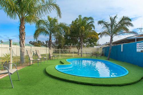 a swimming pool with chairs and trees in a yard at Citrus Valley Motel in Renmark