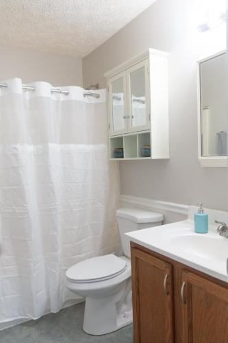 a white bathroom with a toilet and a sink at Mins to Park River Downtown Chapel Hill Charmer in Indianapolis