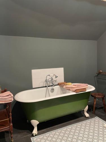 a green and white bath tub in a room at Authentique maison de famille in Val-au-Perche