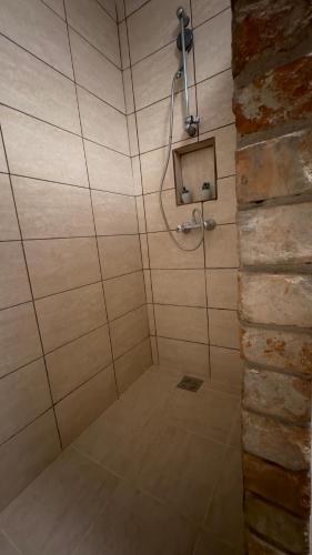 a shower in a room with a stone wall at Retro Lakefront House With A Dock in Balatonvilágos