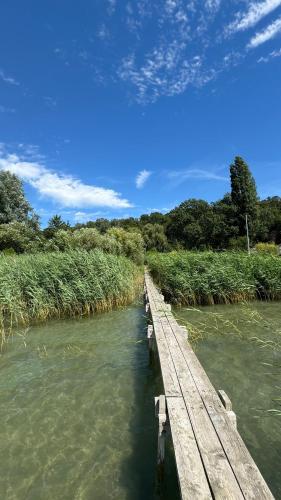 a wooden bridge in the middle of a river at Retro Lakefront House With A Dock in Balatonvilágos