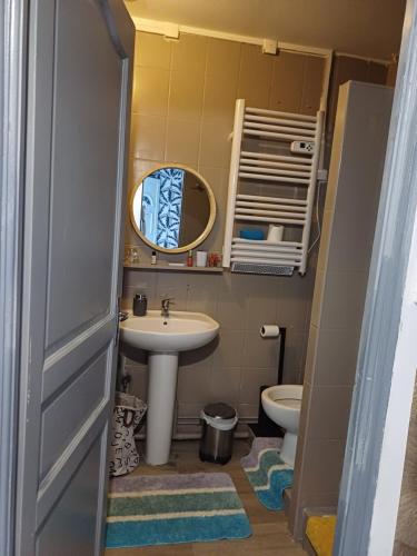 a small bathroom with a sink and a toilet at Appartement au coeur de Cours La Ville in Cours la Ville