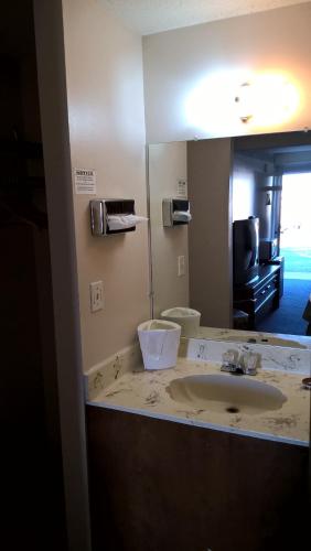 a bathroom with a sink and a mirror at Dogwood Motel in Mountain View