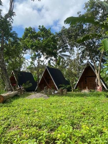 a group of huts in a field with trees at Forest Side bungalow in Tetebatu