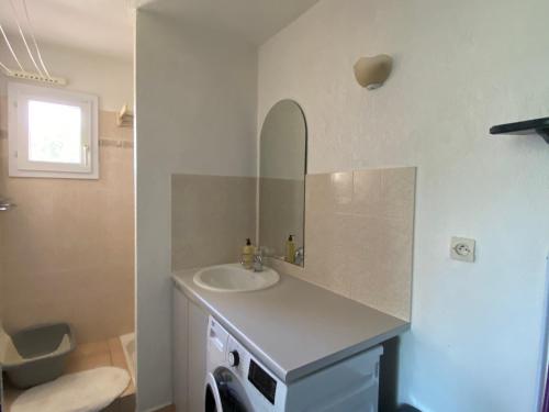 une salle de bain avec un lavabo et une machine à laver dans l'établissement Appartement confortable à Argelès-sur-Mer avec garage - FR-1-732-99, à Argelès-sur-Mer