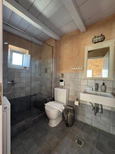 Un baño con inodoro, ducha y lavabo. en Balcony&Tower, en Areopoli