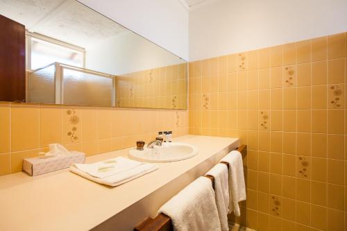 Baño amarillo con lavabo y espejo en Leisure Inn Hotel Rockingham, en Rockingham