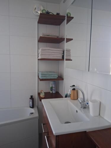 a bathroom with a sink and a mirror at House nearby Amsterdam in Almere
