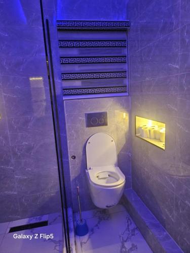 a bathroom with a white toilet in a stall at Luxury 3 bed rooms villa in Lekki