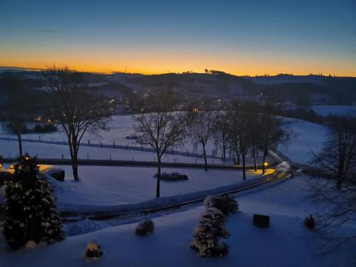 a view of a snow covered park with trees and a sunset at Berghotel Habbel und die Welt kann warten in Cobbenrode