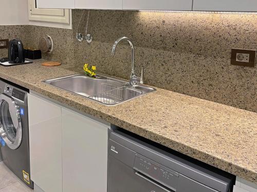 a kitchen counter with a sink and a dishwasher at شقة فاخرة 3 غرف نوم و حديقة خاصة في الشيخ زايد - Zayed Suites A in Sheikh Zayed