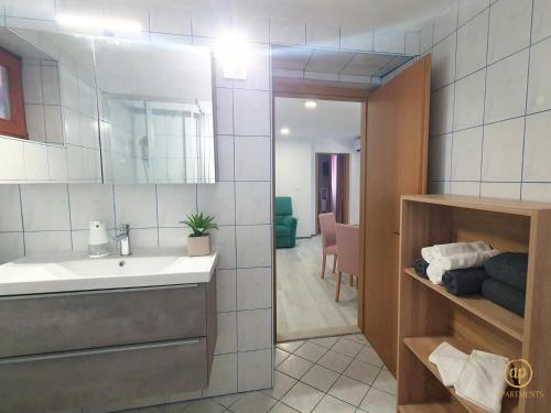 a bathroom with a sink and a mirror at Apartment Irene in Sečovlje