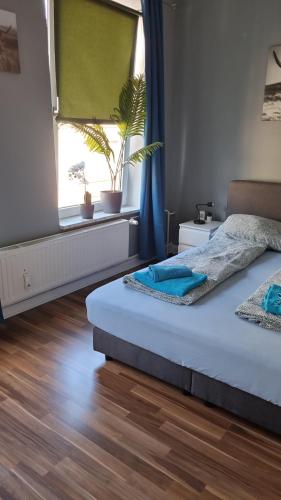 a bedroom with a bed and a window with plants at Stadtnah an der Förde 7502 E in Flensburg