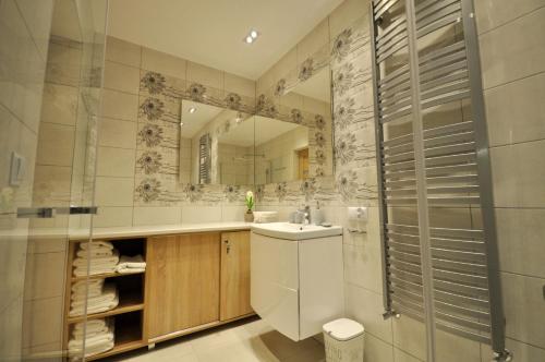 a bathroom with a sink and a mirror at Apartament LENA III Deluxe in Kowary