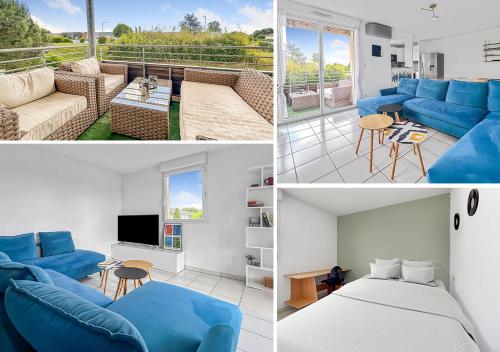 - un salon avec un canapé bleu et un lit dans l'établissement Appartement Lumineux Avec Balcon et piscine, à Les Billaux