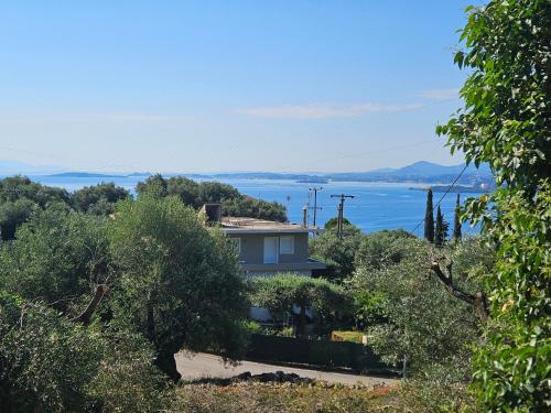 a house on a hill with a view of the water at Fiori Sea View Apartment in Pyrgi