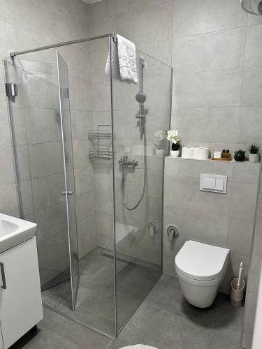 a bathroom with a shower and a toilet at New apartment in Sarajevo