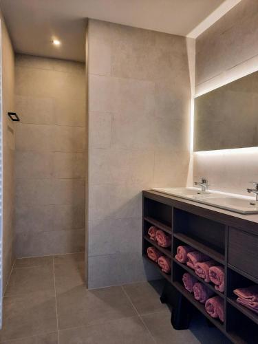 a bathroom with a sink and a mirror at d'Hopperoute in Poperinge
