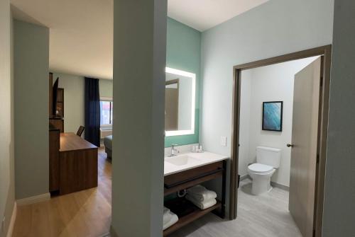 a bathroom with a sink and a toilet and a mirror at Wingate by Wyndham Farmington NM in Farmington