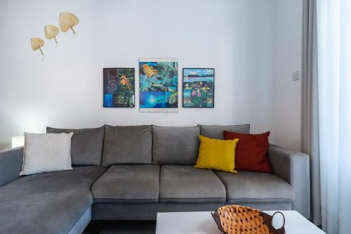 a living room with a gray couch with colorful pillows at Olympus 2-Bedroom Apartment in Larnaca