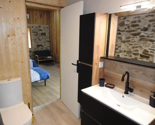 a bathroom with a sink and a toilet in a room at Chambre d'hôtes de charme Pierres anciennes, confort et nature in Savignac-Lédrier