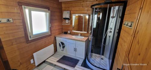 une salle de bain avec un lavabo et une machine à laver dans l'établissement Le Chalet Du RAINDÉ - Vue Panoramique, à La Bresse