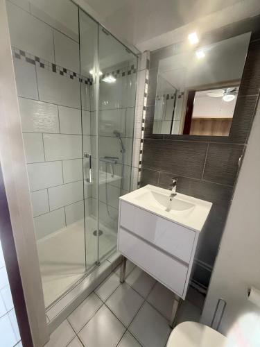 une salle de bain avec un lavabo et une douche en verre dans l'établissement ARGELES PLAGE STUDIO PISCINE PARK PRIVATIF dans RES SECURISEE, à Argelès-sur-Mer