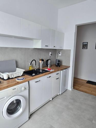 a kitchen with a washing machine and a sink at Kamienica Nowodworska 30 in Bydgoszcz