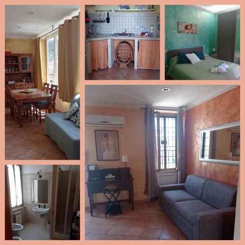 a collage of photos of a living room and a kitchen at La casa sui tetti in Tivoli