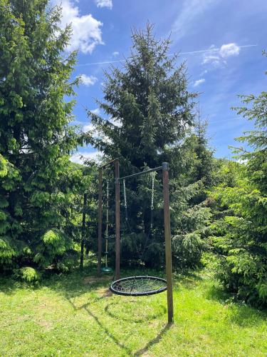 a swing set in a yard with trees at CASA NATURA - charming chalet with hot tub in Tuk Vojni