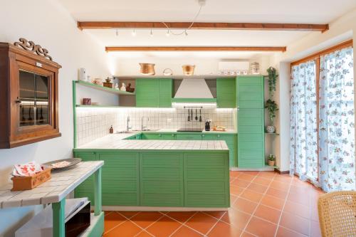 a kitchen with green cabinets and a table at Il Nido sul Po in Casalmaggiore