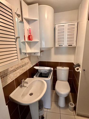 a small bathroom with a toilet and a sink at Très proche Granville Résidence Midship in Saint-Pair-sur-Mer