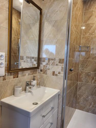 a bathroom with a sink and a shower at Vila Florena Garden in Palanga