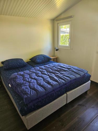 a bedroom with a bed with blue comforter and a window at Woodcabin op de Lente van Drenthe in Gasselte