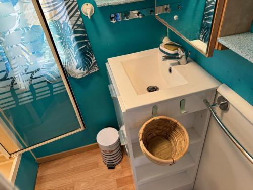 une salle de bain avec un lavabo et un miroir dans l'établissement Abina-Eugene, à Saint-Aygulf