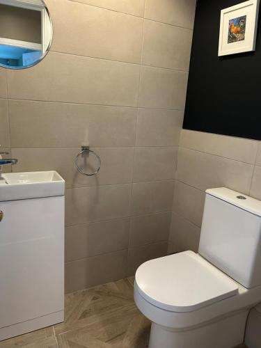 a bathroom with a white toilet and a sink at Beautiful home in Thomastown in Thomastown