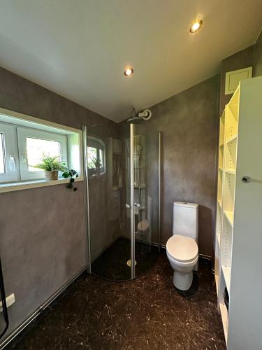 a bathroom with a toilet and a shower at Sörbyvägen 6 in Floby