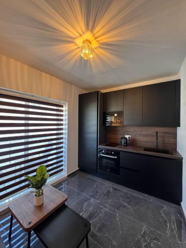 セントジュリアンズにあるOpal Suites, St Julian'sの天井の照明、テーブル付きのキッチンが備わります。