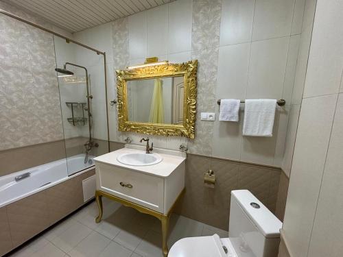 a bathroom with a sink and a toilet and a mirror at Family home AYT in Yerevan