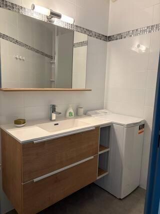 une salle de bain avec un lavabo et un miroir dans l'établissement Appartement piscine plage golf, à La Grande Motte