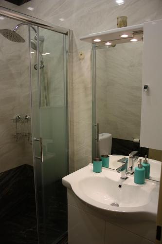 Un baño con lavabo y ducha de cristal. en Pasettistraße 31, en Viena