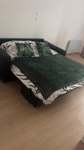 a bed with a green comforter in a room at Appartement douzens in Douzens