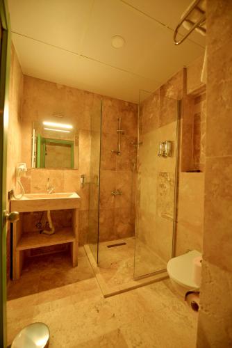 a bathroom with a shower and a sink and a toilet at Balloon Street Cappadocia in Avanos