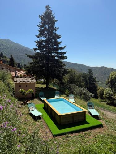 a swimming pool in a yard with two lounge chairs and a tree at Casa Rural CAL PAGÉS Montseny in Montseny
