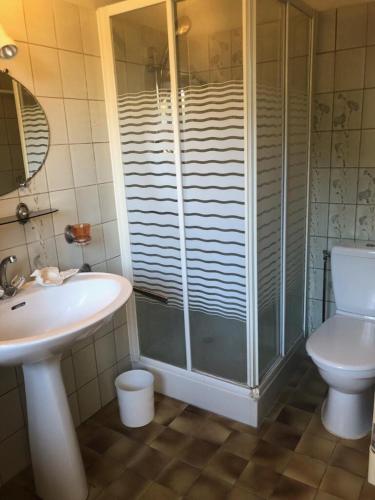 une salle de bain avec une douche, un lavabo et des toilettes dans l'établissement Magnifique Villa Vues Mer et Montagne, à Banyuls-sur-Mer